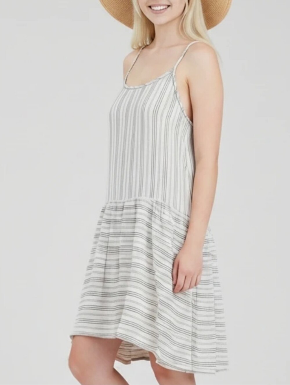 Robin Piccone Striped White & Gray Spaghetti Strap Mid Length Sundress Airy